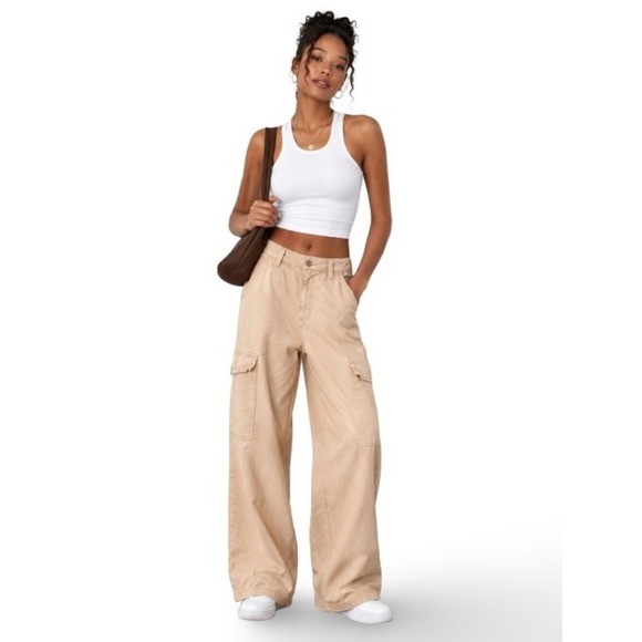 ASOS Pants - ASOS DESIGN Sand Beige Cotton Wide Leg Cargo‎ Pants Size US 8 Utility Trousers